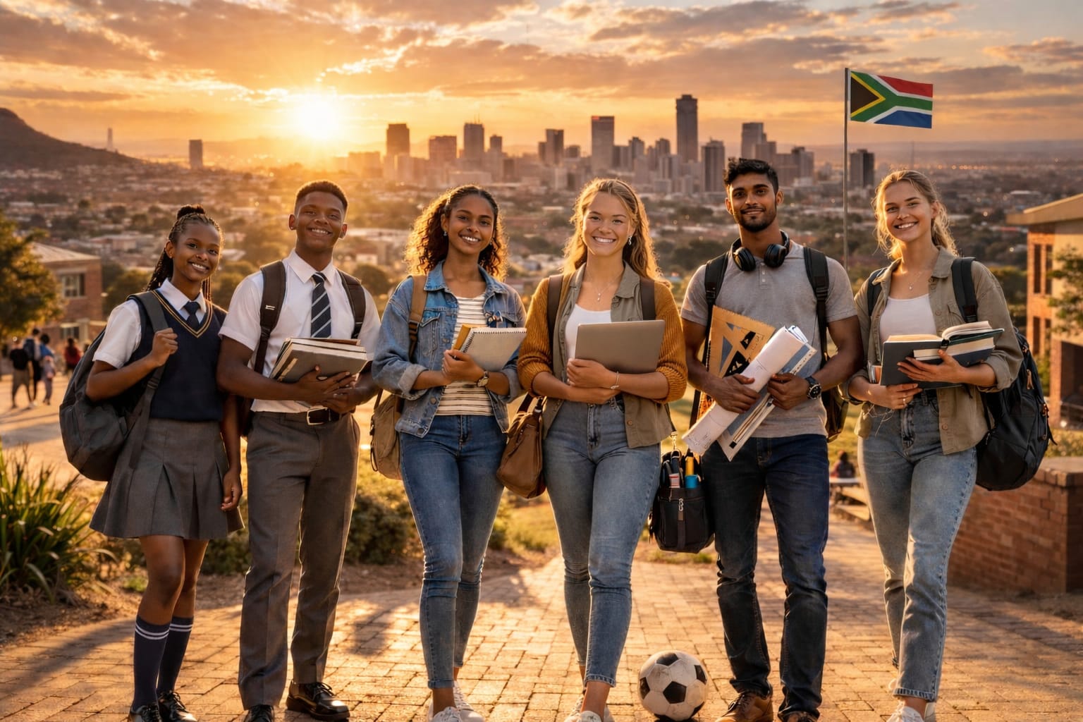 South African students walking together with books and laptops, Johannesburg skyline behind them