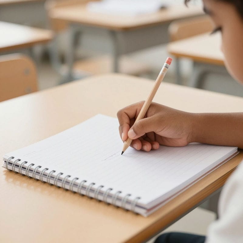 A student writing notes beside an open notebook
