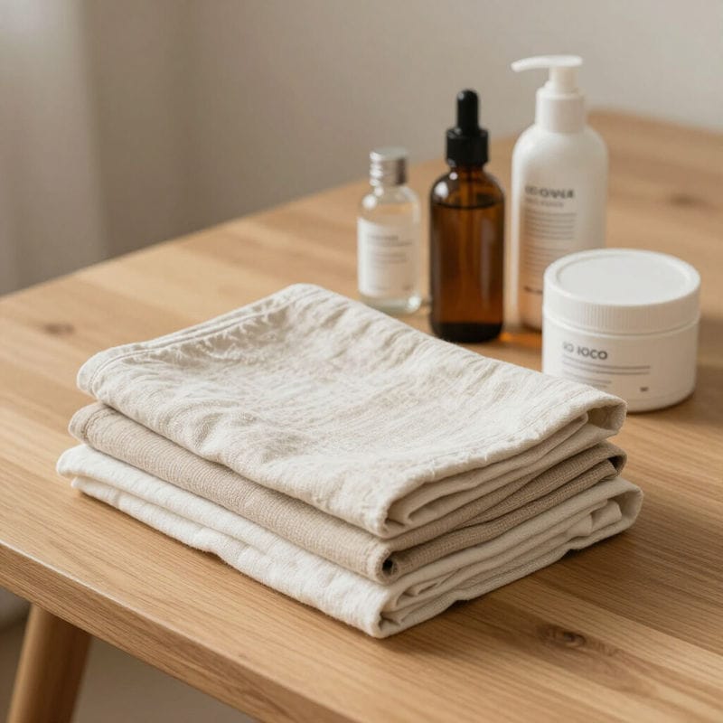 Personal care and household essentials laid out on a table